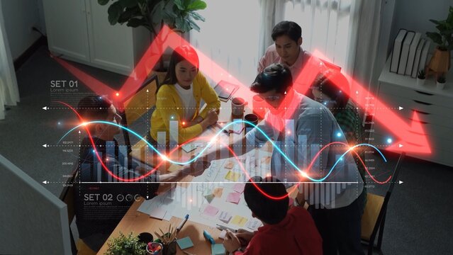 A diverse team collaborates in a modern office space, analyzing data trends through charts and graphs to enhance business strategies and drive innovation. Raster - Powered by Adobe