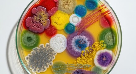 Colorful petri dish with various bacterial colonies
