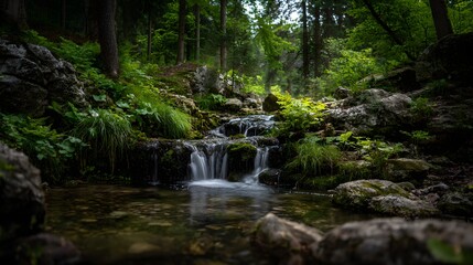 Obraz premium Small cascade flows over mossy rocks through a dense, verdant forest environment