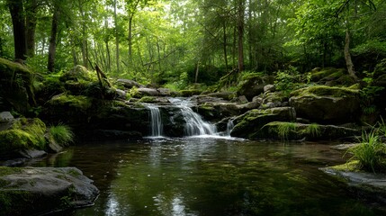 Shaded woodland stream cascades over moss covered rocks into a clear pool