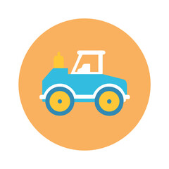 Whimsical cartoon tractor illustration on orange circle background