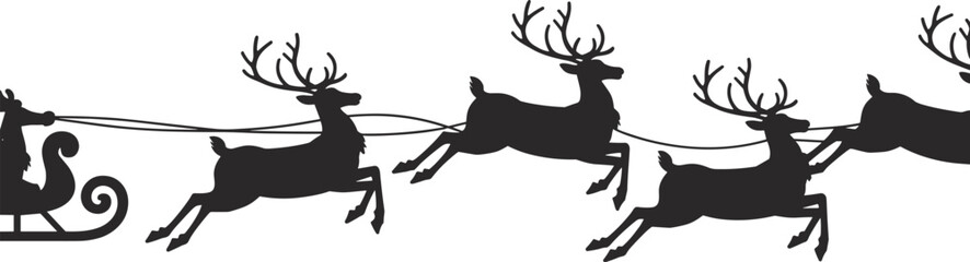 Silhouette of Santa sleigh pulled by reindeer, Christmas winter vector illustration, festive holiday decoration design for celebration and greeting cards