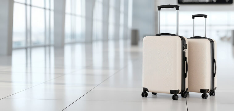 Cream colored suitcases with telescoping handles and spinner wheels in bright modern airport terminal, minimalist travel scene with soft natural light and reflective tile floor