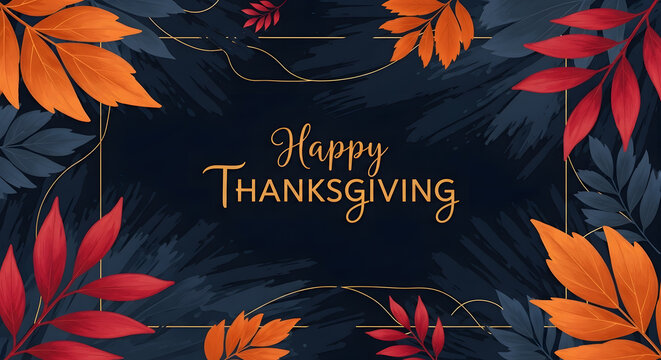Dark navy background with hand-lettered ‘Happy Thanksgiving’ framed by orange and gold leaves, elegant seasonal greeting card banner with rich contrast