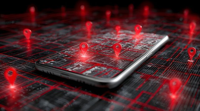 Numerous glowing red location markers surround a digital map displayed on a modern mobile device screen - Powered by Adobe