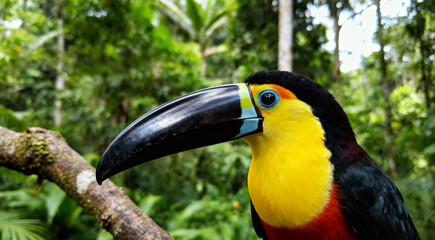 Toucan tropical exotic bird from the rainforest with its iconic yellow black beak sitting on the branch of a tree surrounded by greenery