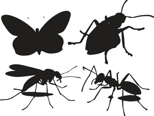 Insect silhouette collection with butterfly, ant, mosquito, and beetle, black vector illustration of bugs, wildlife and nature concept designInsect silhouette collection with butterfly, ant, 
