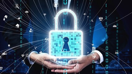 A businessman holds a glowing digital lock, representing security and data protection in...