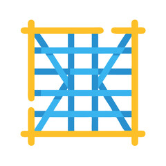 Blue crisscross pattern within a yellow square border graphic