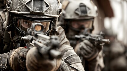 Two heavily equipped tactical operatives maintain a focused aim during an operation