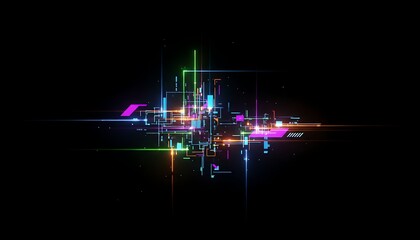 Abstract digital network, glowing neon lines on a black background