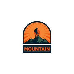 Silhouette of a hiker with backpack on a mountain peak against a rising sun, with "MOUNTAIN" text below.