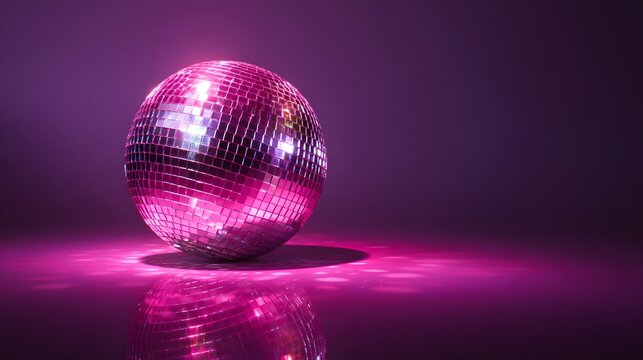 Mirrored sphere reflecting vibrant magenta light rests on a glossy surface against a deep purple background