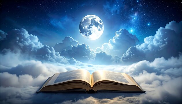 A celestial scene depicts an open book floating amongst clouds under a vibrant night sky illuminated by a full moon