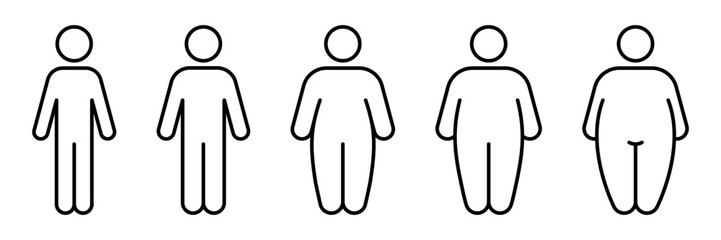 Different types body people line icon set. Size body person thin to fat, underweight, normal, overweight, obese, extremely obese, diet, healthy lifestyle, overeating, level obesity, body mass index.