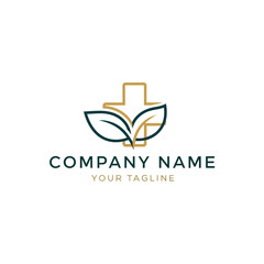 Elegant healthcare logo featuring a cross and leaves symbolizing wellness and nature.