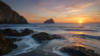Golden Sunset Reflections on a Rocky Seashore