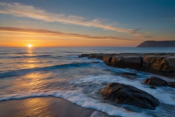 Golden Sunset Reflections on a Rocky Seashore