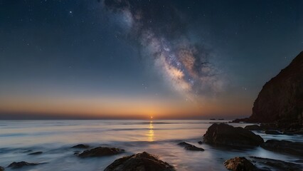Golden Sunset Reflections on a Rocky Seashore