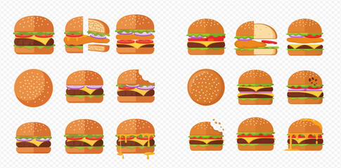 Illustration of various burgers with different toppings and fillings, some whole, some cut in half, and some with a bite taken out.