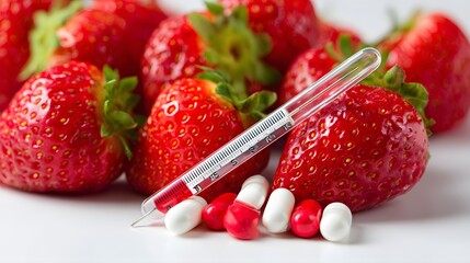 Fresh ripe strawberries contrast with pharmaceutical capsules and a clinical thermometer