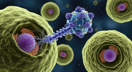 Virus infecting a cell, microscopic view