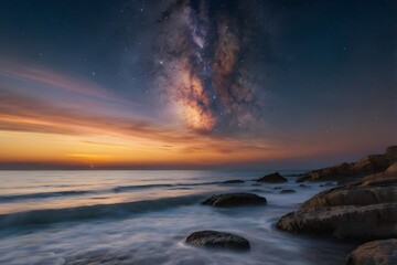 Golden Sunset Reflections on a Rocky Seashore