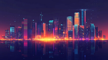 A cityscape with a boat in the water and a hot air balloon in the sky. The buildings are tall and the city is bustling