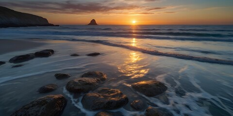 Golden Sunset Reflections on a Rocky Seashore