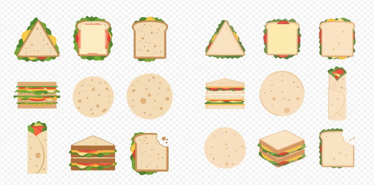 A collection of sandwich and wrap illustrations on a transparent background, showcasing various shapes and fillings.