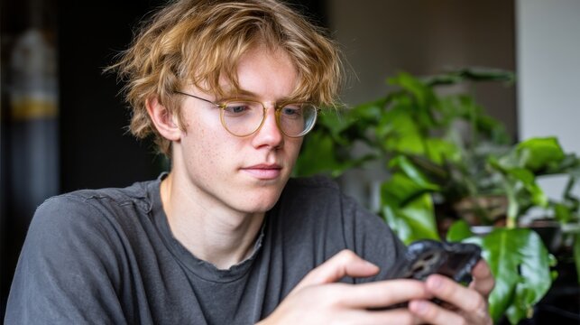 Teen engaged in mobile gaming home environment lifestyle photo close-up view youthful entertainment and technology