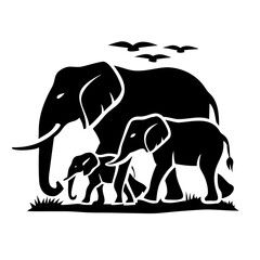 Silhouette of an elephant family with birds flying