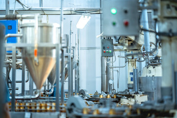 A factory worker in a blue uniform, mask, and cap monitors an automated production line. Canned goods are moving on a conveyor belt in a food processing plant.