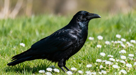 Pitch black shiny Carrion crow Corvus corone standing on a green grass on a sunny day
