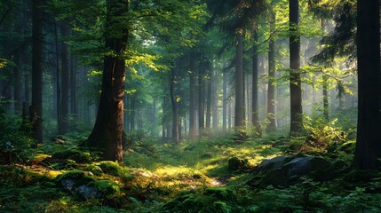Obraz premium Sunlight pierces dense canopy illuminating a mossy forest floor with tall trees