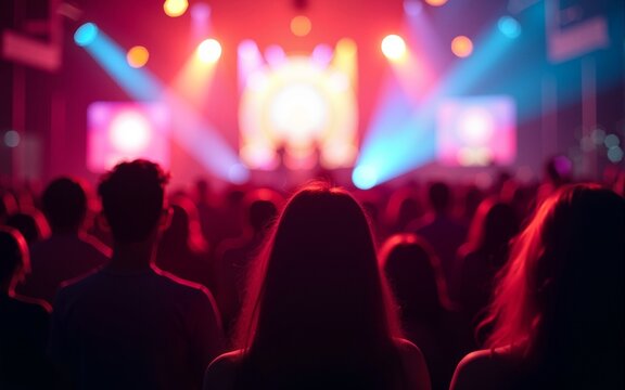 Music Festival Attendees concept Vibrant concert scene with enthusiastic audience enjoying the performance under colorful lights. High quality