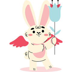 Cute Rabbit Cupid Holding a Blue Flower with Pink Wings on a Transparent Background