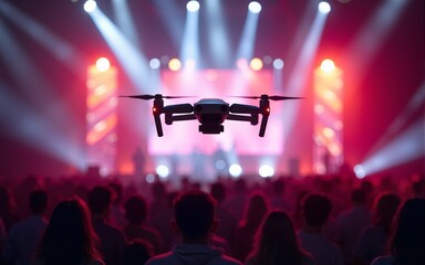 An AI powered drone capturing aerial footage of a live concert event, vibrant concert venue with real-time data on crowd dynamics and event coverage, Entertainment technology style. High quality
