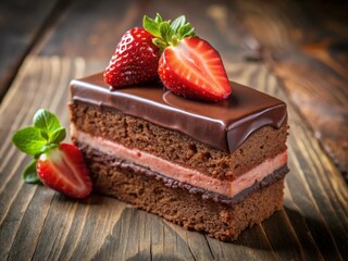 Chocolate cake slice with strawberry topping 
