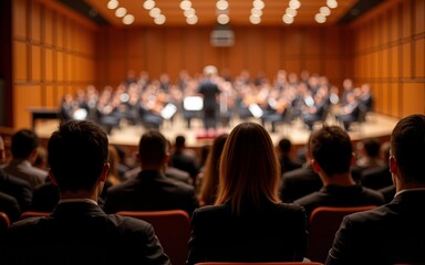 People sitting in the concert hall and waiting for the soloist. High quality