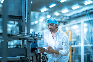 A Quality Assurance (QA) specialist in PPE audits a smart factory. He is monitoring an AI-driven automated line, checking system data on his clipboard.