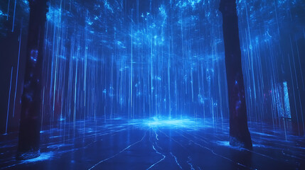 A man stands in front of a blue wave. The wave is made of light and is very large