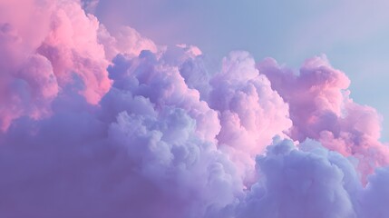 Fluffy cumulus clouds display vibrant pink and purple hues against a pale blue atmosphere