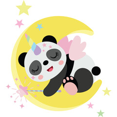 Cute Sleeping Panda With Unicorn Horn And Wings Holding A Magic Wand On A Yellow Crescent Moon...
