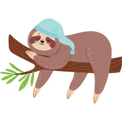Cute Sloth Wearing A Blue Sleepy Hat Resting On A Tree Branch With Green Leaves In A Peaceful Sleep...