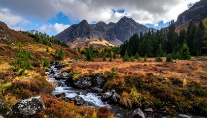 A winding stream flows through a field of autumn foliage, leading to a range of craggy peaks under a cloudy sky