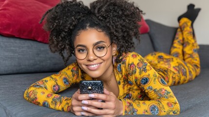 Relaxing at home young woman texting on phone cozy living room lifestyle shot indoor setting close-up view