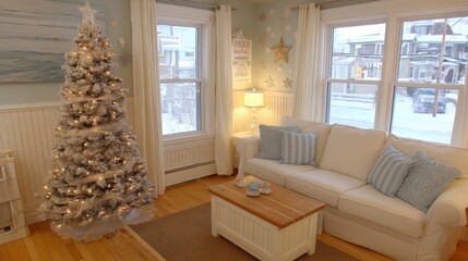 Fototapeta premium Winter holiday decor living room with christmas tree cozy home interior design snowy view warm atmosphere