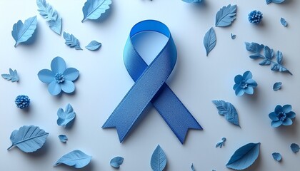 Overhead shot of a blue prostate cancer awareness ribbon icon surrounded by scattered blue leaves and flowers on a white background.