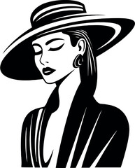 Elegant black and white illustration of a woman wearing a stylish wide brimmed hat and a sophisticated jacket